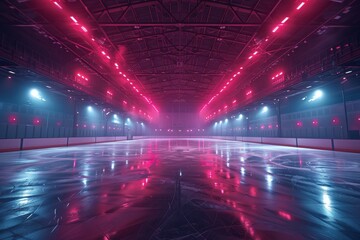 A futuristic view of an ice rink bathed in moody purple lighting with sleek, modern design