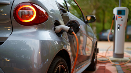 close up of a electric car charging