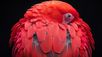 Fototapeta premium A mesmerizing close-up captures the vibrant plumage of a red parrot, each feather a testament to nature's artistry and beauty-1