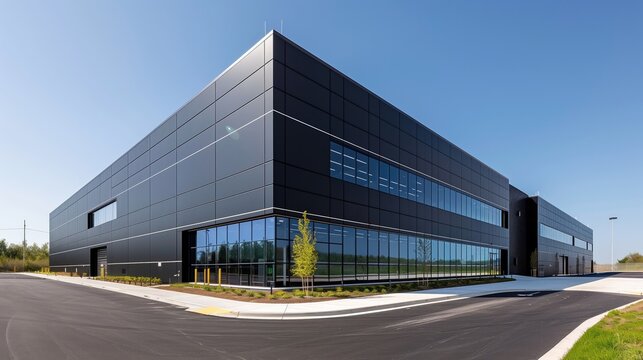 3d render of modern data center office building with glass facade and glowing lights