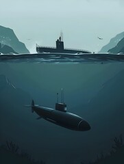 Submarine Navigating Through Minimalist Underwater Landscape - obrazy, fototapety, plakaty