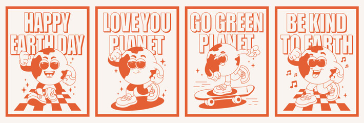 Trendy set of vintage Posters of the earth character. The concept of save the planet in the style of the 80s-90s. Vector illustration in monochrome red palette.