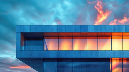 3d render of modern office building with blue sky and red clouds