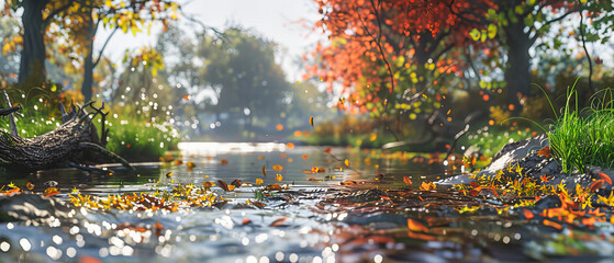 Vibrant Autumn Leaves Reflecting on a Forest Lake, Seasonal Scenery with Rich Colors and Peaceful Water