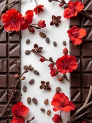 chocolate and red flowers in white solid background