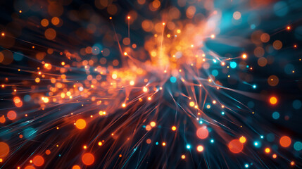 Optical fibers connected to semiconductor devices for optical communications, glowing under the influence of soft natural lighting. , natural light, soft shadows, with copy space - obrazy, fototapety, plakaty