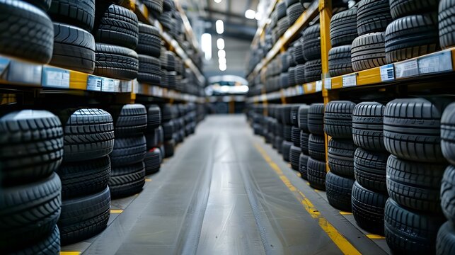 Aligned Tire Inventory in Modern Warehouse - Ready for Auto Care. Concept Inventory Management, Tire Storage, Warehouse Organization, Automotive Maintenance, Modern Logistics