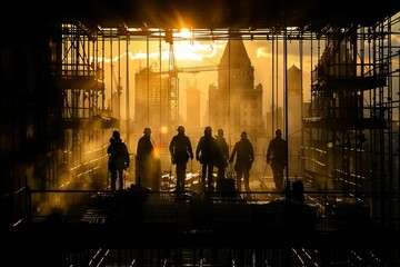 A group of construction workers is silhouetted against a stunning sunset backdrop amidst an urban construction site