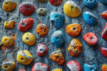 Obraz premium A vibrant array of rock climbing holds bolted on an artificial wall, providing a variety of grips for climbers