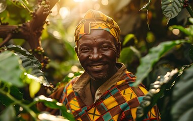 black man smiling, collecting cocoa beans fresh in the forest, elephants in the background, label,...