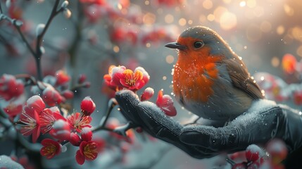 Amidst a winter wonderland, cheerful birds flock to be fed by an unseen hand in a picturesque...
