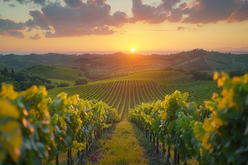 A breathtaking sunset casts golden hues over the lush vineyard hills of Tuscany, embodying...