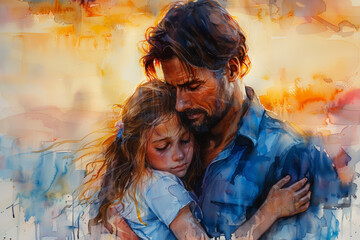 Emotional embrace in a watercolor painting, suitable for themes of love and support. Postcard for the day of the father.