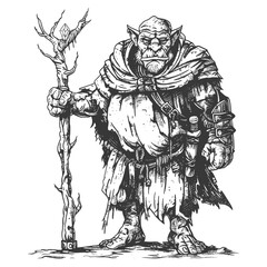 Fototapeta na wymiar ogre mage or necromancer with magical staff images using Old engraving style