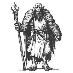 ogre mage or necromancer with magical staff images using Old engraving style