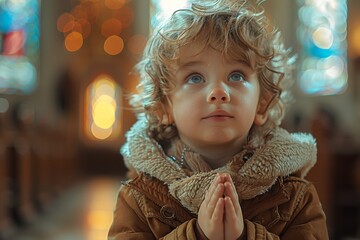 A young toddler prays with innocence and hope in a church, illuminated by warm light