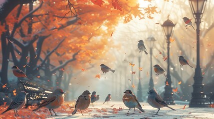Amidst the tranquility of a city park, a diverse array of birds flock to a bird feeder suspended from a tree, creating a vibrant scene captured through generative AI technology-1 - obrazy, fototapety, plakaty