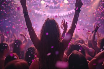 High-energy concert scene with raised hands and vibrant confetti under festive lights