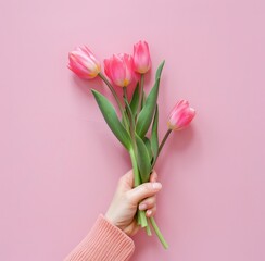 Hand Holding Bunch of Pink Tulips