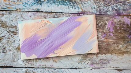 greeting card lying on a rustic wooden table, adorned with distinct brushstrokes in pastel lavender and peach