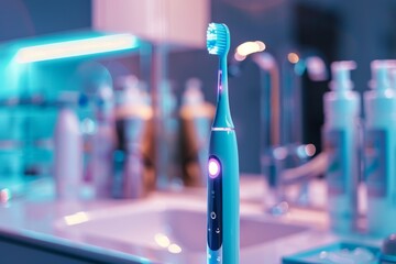 Modern electric toothbrush in a futuristic bathroom setting - obrazy, fototapety, plakaty