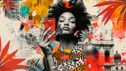 
Whimsical fashion collage: Grayscale person takes selfie amid vibrant fashion prints and floating elements. Blend of tech, fashion, history in contemporary design.