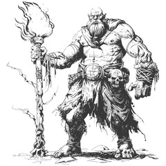 ogre mage or necromancer with magical staff images using Old engraving style
