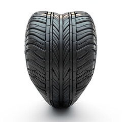 Car tire in the shape of a heart on white background