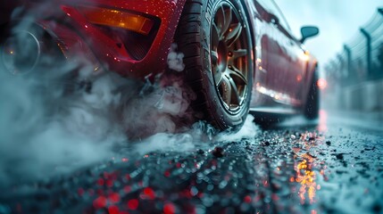 Racing Pulse: Tires Blaze with Speed and Smoke. Concept Speed Photography, Tire Tracks, Racing Action Shots, High Octane Scenes - obrazy, fototapety, plakaty