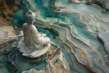 Serene Buddha Seated by the Tranquil Turquoise Shoreline Amidst Psychic Waves
