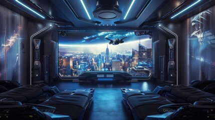 In the home theater a holographic wall print transforms the room into a futuristic landscape with flying cars and towering skysers. As the movie plays the image changes and moves immersing . - obrazy, fototapety, plakaty