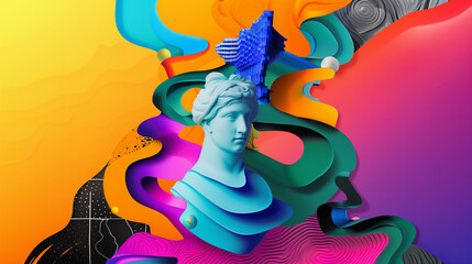 Retro wave background with statue, copy space