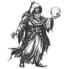 elf mage or necromancer with magical orb images using Old engraving style