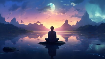 a calming AI meditation guide, transporting listeners to the serene landscapes illuminated by...