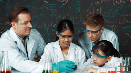 Girl looking at beaker while doing experiment at blackboard with chemistry theory in STEM class....