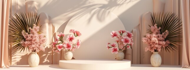 Three White Vases With Pink Flowers