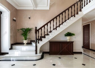 Staircase with white stairs and black handrail