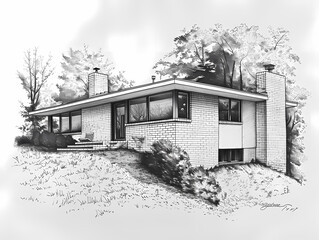 Midcentury Modern Black and White Cottage House Painting on a Hill, Perspective, Vibrant Art