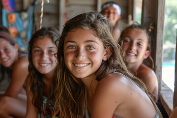 Fototapeta premium youths at school summer camp resting inside the cabin