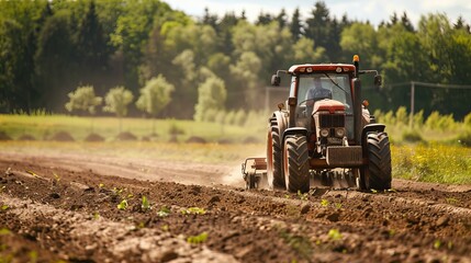 A red tractor plows a field in a rural setting, with a line of trees in the background. The tractor is working the soil, preparing it for planting.