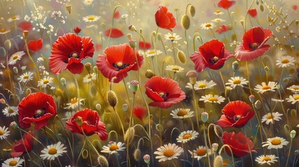 Wild Red Poppies and Chamomile A Showcase of Spring and Summer Blooms