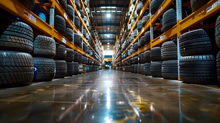 Symmetrical Silence: Tire Symmetry in Warehouse. Concept Warehouse, Tire Symmetry, Symmetrical Photoshoot, Industrial Setting - obrazy, fototapety, plakaty