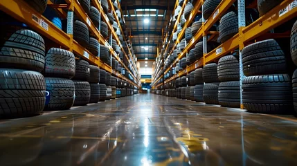 Fotobehang Symmetrical Silence: Tire Symmetry in Warehouse. Concept Warehouse, Tire Symmetry, Symmetrical Photoshoot, Industrial Setting © Ян Заболотний