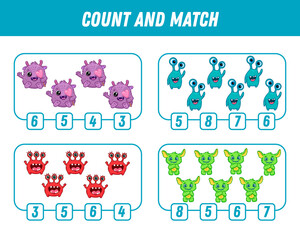 Education game for children count and match of cute cartoon monsters, printable worksheet. 