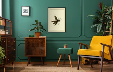 Green Walls Living Room With Yellow Chair