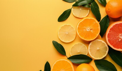 Group of Oranges With Leaves on Yellow Background