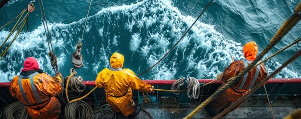 Fishermen in action on a dynamic ocean deck, working amidst roaring waves