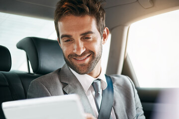 Car, happy and businessman with tablet for travel, morning meeting or commute to airport. Transport, professional and male employee with technology for networking, checking schedule or reading email