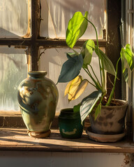 Vibrant Urban Still Life: Painted Potted Plant and Vase on Windowsill with Focus on Artistic Expression - obrazy, fototapety, plakaty