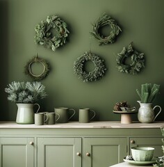 Fototapeta na wymiar Green Kitchen With Wreaths on Wall